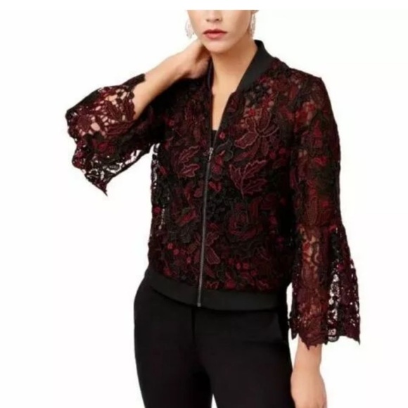 NWT Kobi "Toryn" Black Burgundy & Aubergine 3/4
Sleeve Lace Bomber Jacket Size L - Picture 1 of 8